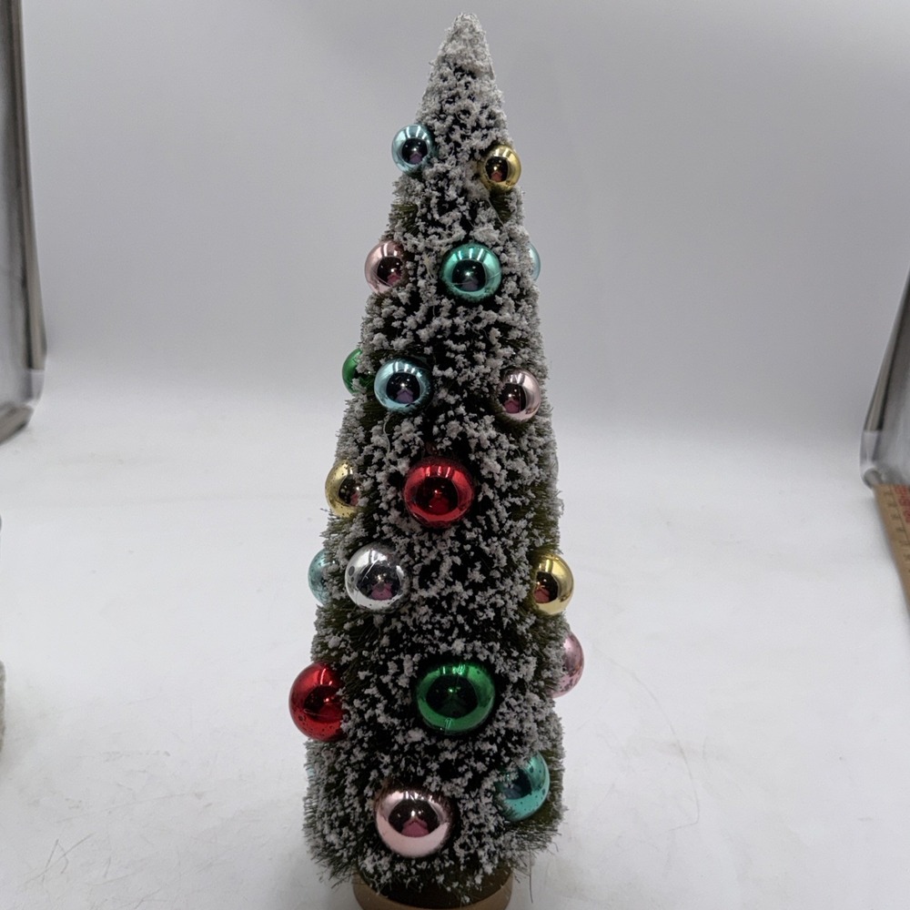 Large Flocked Bottle Brush Tree W/Plastic Mercury Ball Ornaments 15"